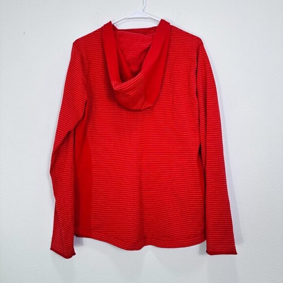 Duluth Trading Company Orange White Striped Funnel Neck Hooded Sweater Pockets L - Picture 2 of 6